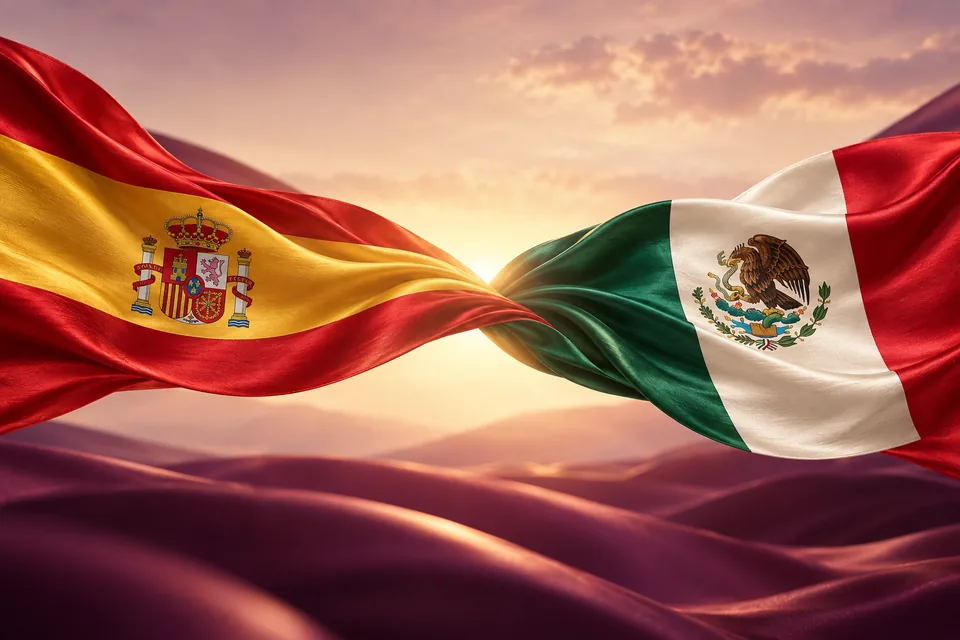 Las banderas de España y México se unen en una composición de tela