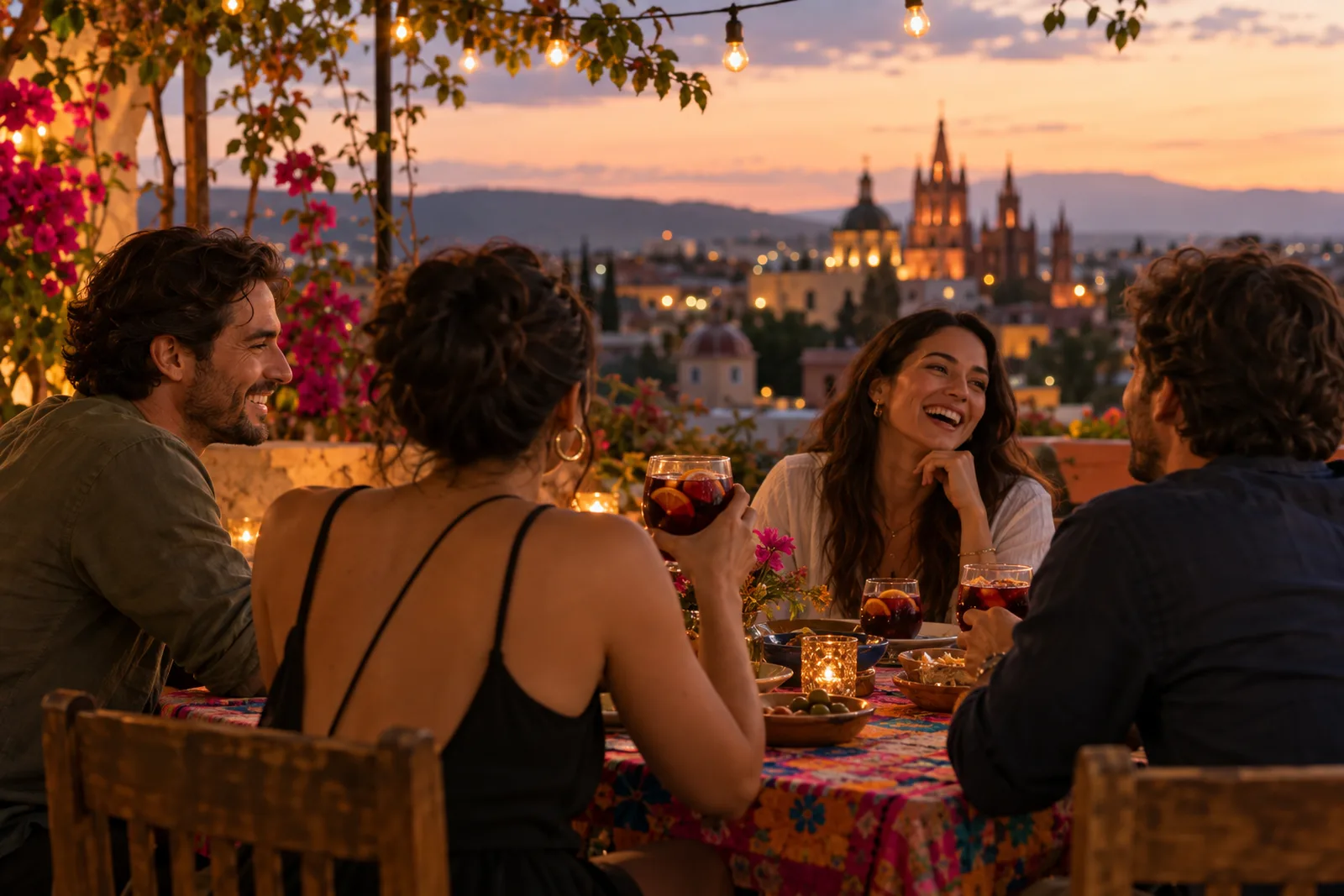 Adultos compartiendo sangría en una terraza al atardecer